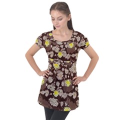 Mid Century Retro Floral 1970s 1960s Pattern 84 Puff Sleeve Tunic Top