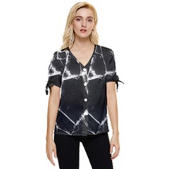 Dark Patch Art Crack Construction Bow Sleeve Button Up Top