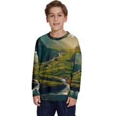 Mountains Trees Forest Kids  Crewneck Sweatshirt by Anend