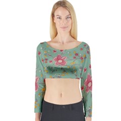Mid Century Retro Floral 1970s 1960s Pattern 79 Long Sleeve Crop Top by violetheavensky
