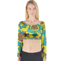 Mid Century Retro Floral 1970s 1960s Pattern 60 Long Sleeve Crop Top by violetheavensky