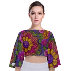 Mid Century Retro Floral 1970s 1960s Pattern 55 Tie Back Butterfly Sleeve Chiffon Top by violetheavensky