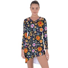 Mid Century Retro Floral 1970s 1960s Pattern 57 Asymmetric Cut-out Shift Dress