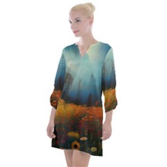 Wildflowers Field Outdoors Clouds Trees Cover Art Storm Mysterious Dream Landscape Open Neck Shift Dress by Posterlux