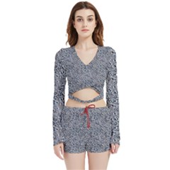 Blue Black Snake Pattern Velvet Wrap Crop Top And Shorts Set