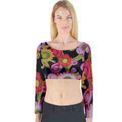 Mid Century Retro Floral 1970s 1960s Pattern 70 Long Sleeve Crop Top by violetheavensky
