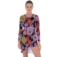 Mid Century Retro Floral 1970s 1960s Pattern 70 Asymmetric Cut-out Shift Dress