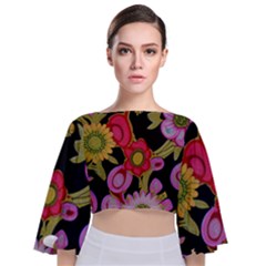 Mid Century Retro Floral 1970s 1960s Pattern 70 Tie Back Butterfly Sleeve Chiffon Top by violetheavensky