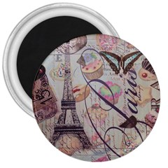 French Pastry Vintage Scripts Floral Scripts Butterfly Eiffel Tower Vintage Paris Fashion 3  Button Magnet by chicelegantboutique