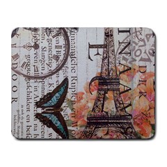 Vintage Clock Blue Butterfly Paris Eiffel Tower Fashion Small Mouse Pad (rectangle) by chicelegantboutique