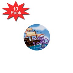 Pirate Ship Attacked By Giant Squid Cartoon 1  Mini Button (10 Pack) by NickGreenaway