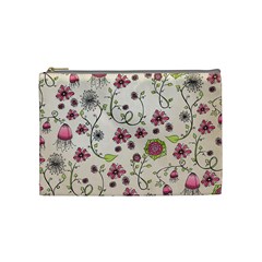 Pink Whimsical Flowers On Beige Cosmetic Bag (medium) by Zandiepants