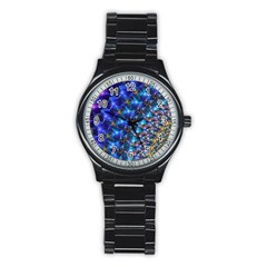 Blue Sunrise Fractal Stainless Steel Round Watch by KirstenStar