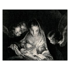 Nativity Scene Birth Of Jesus With Virgin Mary And Angels Black And White Litograph Rectangular Jigsaw Puzzl