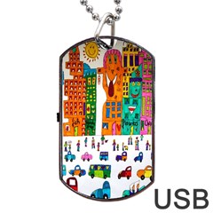 Painted Autos City Skyscrapers Dog Tag Usb Flash (one Side) by Nexatart