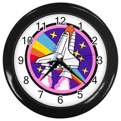 Badge Patch Pink Rainbow Rocket Wall Clocks (black) by Amaryn4rt