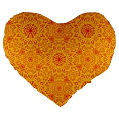 Solar Mandala  Orange Rangoli  Large 19  Premium Flano Heart Shape Cushion by bunart