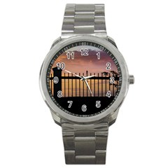 Small Bird Over Fence Backlight Sunset Scene Sport Metal Watch by dflcprints