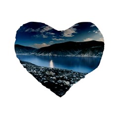 Shore Mountain Water Landscape Standard 16  Premium Flano Heart Shape Cushions by Celenk