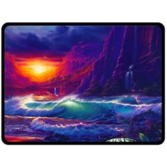 Sunset Orange Sky Dark Cloud Sea Waves Of The Sea, Rocky Mountains Art Fleece Blanket (large)  by Sapixe