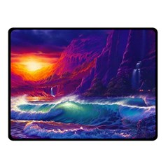 Sunset Orange Sky Dark Cloud Sea Waves Of The Sea, Rocky Mountains Art Fleece Blanket (small) by Sapixe