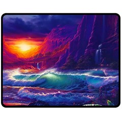 Sunset Orange Sky Dark Cloud Sea Waves Of The Sea, Rocky Mountains Art Double Sided Fleece Blanket (medium)  by Sapixe