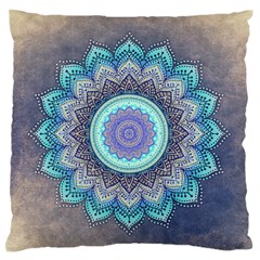 Folk Art Lotus Mandala Blue Turquoise Large Flano Cushion Case (two Sides) by EDDArt