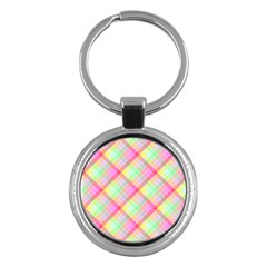 Pastel Rainbow Tablecloth Diagonal Check Key Chains (round)  by PodArtist