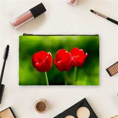 Three Red Tulips, Green Background Cosmetic Bag (medium) by FunnyCow