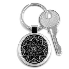 Black And White Pattern Monochrome Lighting Circle Neon Psychedelic Illustration Design Symmetry Key Chain (round) by Vaneshart