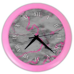 Marble Light Gray With Bright Magenta Pink Veins Texture Floor Background Retro Neon  80s Style Neon Colors Print Luxuous Real Marble Color Wall Clock by genx