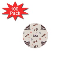 Pug Dog Cat With Bone Fish Bones Paw Prints Ball Seamless Pattern Vector Background 1  Mini Buttons (100 Pack)  by Vaneshart