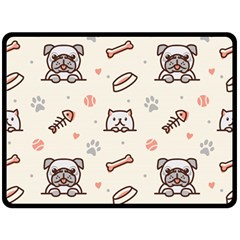 Pug Dog Cat With Bone Fish Bones Paw Prints Ball Seamless Pattern Vector Background Fleece Blanket (large)  by Vaneshart