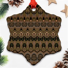 Boho Green Brown Pattern Snowflake Ornament (two Sides) by SpinnyChairDesigns