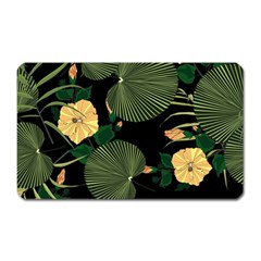 Tropical Vintage Yellow Hibiscus Floral Green Leaves Seamless Pattern Black Background  Magnet (rectangular) by Sobalvarro