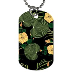 Tropical Vintage Yellow Hibiscus Floral Green Leaves Seamless Pattern Black Background  Dog Tag (two Sides) by Sobalvarro