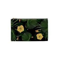 Tropical Vintage Yellow Hibiscus Floral Green Leaves Seamless Pattern Black Background  Cosmetic Bag (small) by Sobalvarro