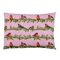 Bullfinches Sit On Branches On A Pink Background Pillow Case by SychEva