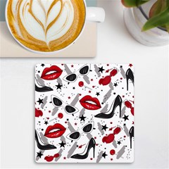 Red Lips Black Heels Pattern Uv Print Square Tile Coaster  by Jancukart