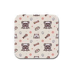 Pug-dog-cat-with-bone-fish-bones-paw-prints-ball-seamless-pattern-vector-background Rubber Square Coaster (4 Pack) by Jancukart