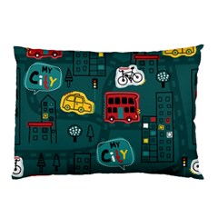 Seamless-pattern-hand-drawn-with-vehicles-buildings-road Pillow Case (two Sides) by Wegoenart