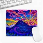 Psychedelic Colorful Lines Nature Mountain Trees Snowy Peak Moon Sun Rays Hill Road Artwork Stars Sk Large Mousepad Front