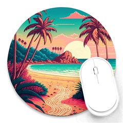 Palm Trees Tropical Ocean Sunset Sunrise Landscape Round Mousepad by Pakemis