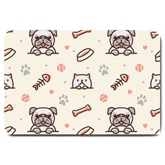 Pug Dog Cat With Bone Fish Bones Paw Prints Ball Seamless Pattern Vector Background Large Doormat by Salman4z
