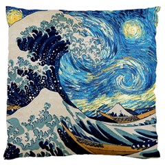 The Great Wave Of Kanagawa Painting Hokusai, Starry Night Vincent Van Gogh Large Premium Plush Fleece Cushion Case (two Sides) by Bakwanart