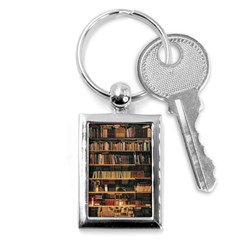 Books On Bookshelf Assorted Color Book Lot In Bookcase Library Key Chain (rectangle) by 99art