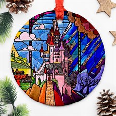 Beauty Stained Glass Castle Building Round Ornament (two Sides) by Cowasu
