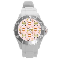 Cute Tiger Car Safari Seamless Pattern Round Plastic Sport Watch (l) by Simbadda