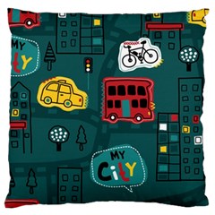 Seamless Pattern Hand Drawn With Vehicles Buildings Road Large Cushion Case (one Side) by Simbadda
