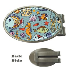 Cartoon Underwater Seamless Pattern With Crab Fish Seahorse Coral Marine Elements Money Clips (oval) 